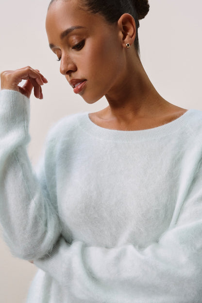 DOVE BRUSHED CASHMERE OFF THE SHOULDER SWEATER